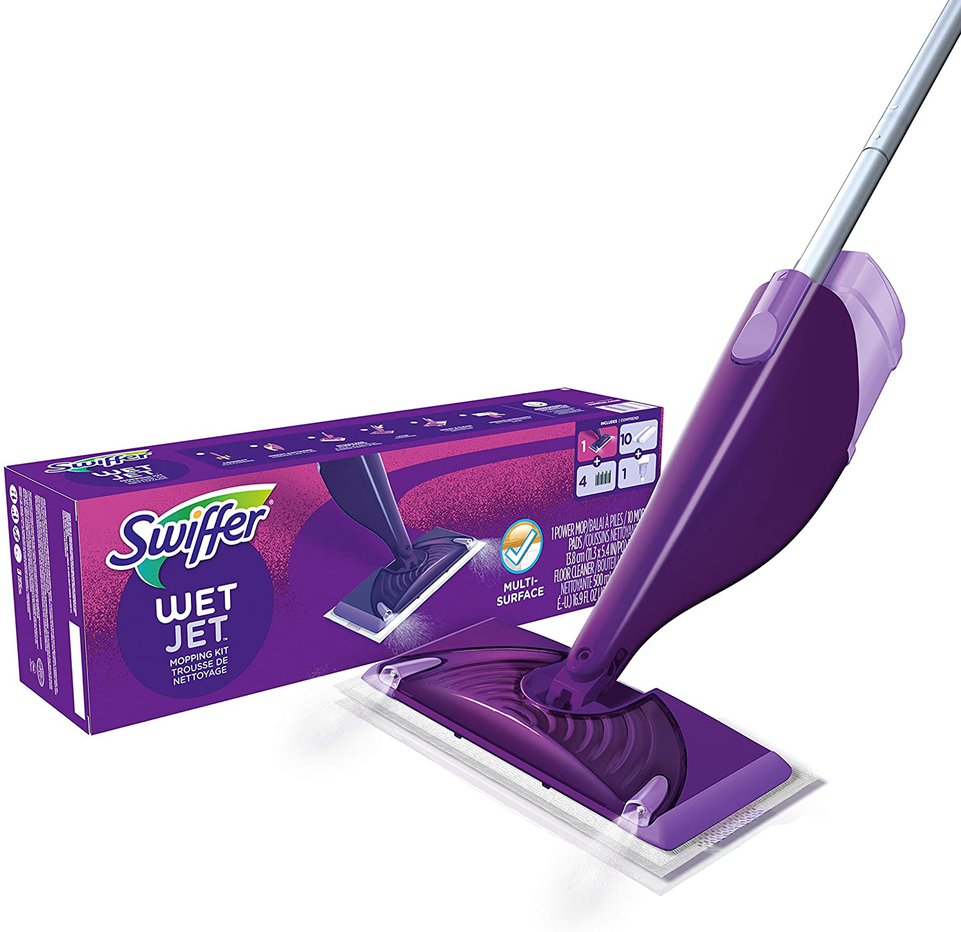 Swiffer WetJet Hardwood and Floor Spray Mop Cleaner Starter Kit, Includes: 1 Power Mop, 10 Pads, Cleaning Solution, Batteries