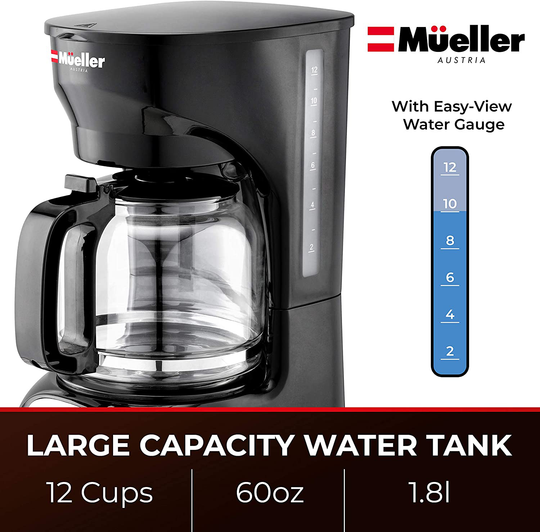 Mueller 12-Cup Drip Coffee Maker, Auto Keep Warm Function, Smart Anti-Drip System, with Durable Permanent Filter and  Borosilicate Glass Carafe, Clear Water Level Window Coffee Machine