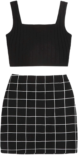 Milumia Women 2 Pieces Outfit Ribbed Knit Crop Tank Top and Plaid Mini Skirt Set