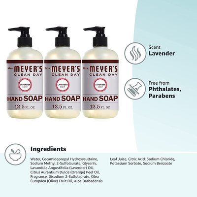 Mrs. Meyer's Clean Day Liquid Hand Soap, Cruelty Free and Biodegradable Hand Wash Formula Made with Essential Oils, Lavender Scent, 12.5 oz - Pack of 3