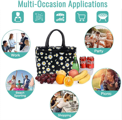 Lunch Bags for Women and Girls Cute Lunch Tote Bag Daisy Lunch Box with a Placement for Work School,Black