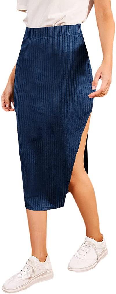 SheIn Women's Slit Midi Skirt Split Bodycon Pencil Ribbed Knit Midi Skirts