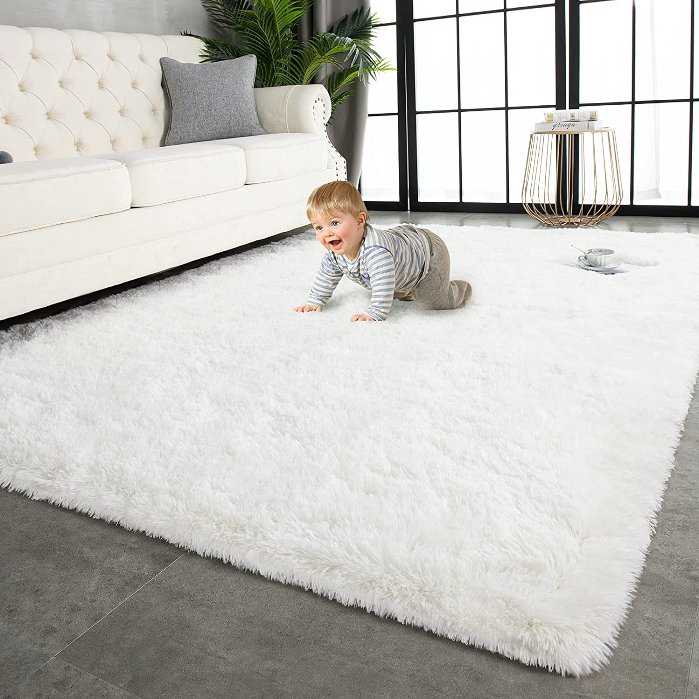 TWINNIS Super Soft Shaggy Rugs Fluffy Carpets 4x5.9 Feet, Indoor Modern Plush Area Rugs for Living Room Bedroom Kids Room Nursery Home Decor, Upgrade Anti-Skid Durable Fuzzy Rug, Cream White