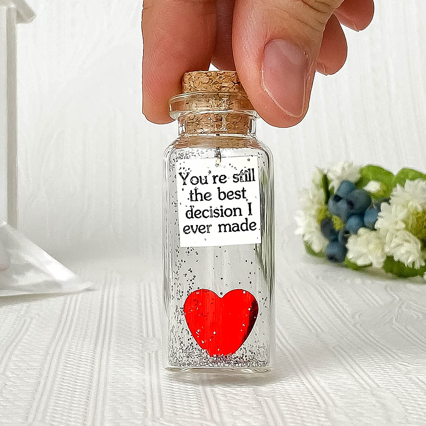 Heart and Message in a Bottle Love Present, Romantic Decoration for Boyfriend or Girlfriend, Anniversary Wish Jar with Card (Red Heart in a Bottle, You're Still the Best Decision I Ever Made)