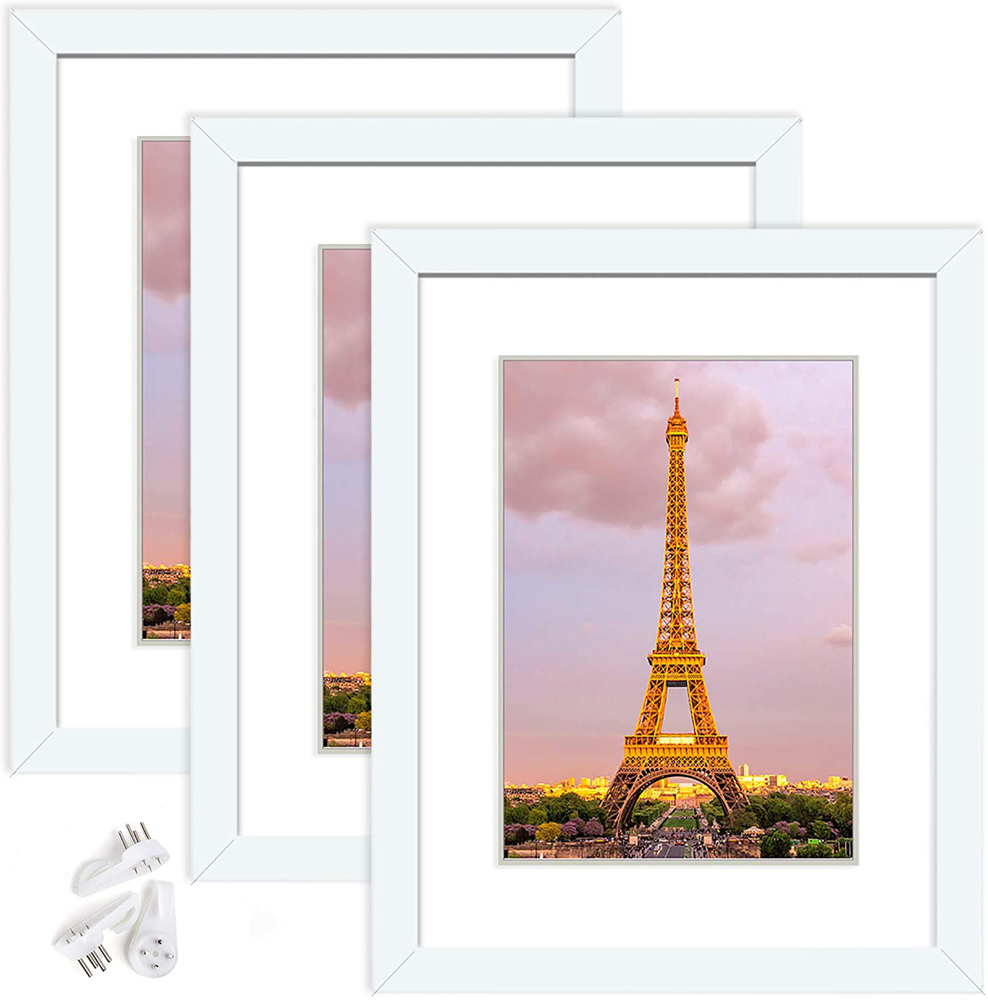 upsimples 8.5x11 Picture Frame Set of 3,Made of High Definition Glass for 6x8 with Mat or 8.5x11 Without Mat,Wall Mounting Photo Frame White