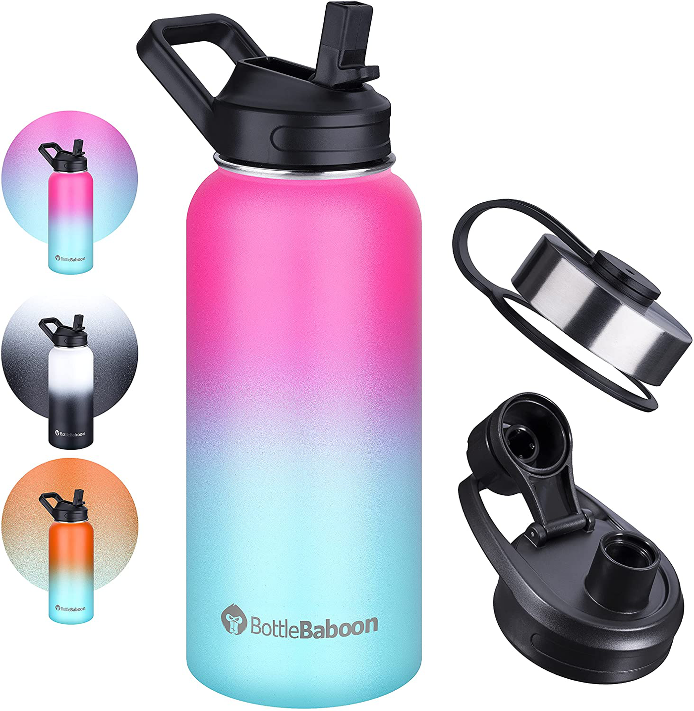 BottleBaboon Stainless Steel Water Bottles with Straw, 3 Lids, 32 Oz Insulated Water Bottle, Wide Mouth Sports Water Bottle, Double Wall Vacuum Water Bottles to Keep Liquids Hot or Cold (Gray&White)