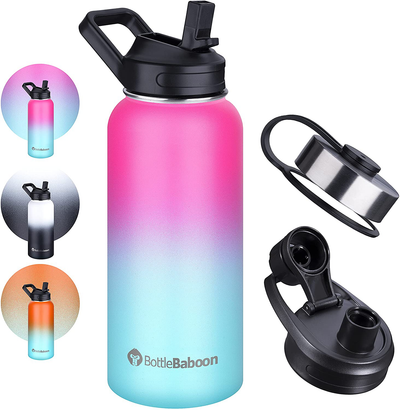 BottleBaboon Stainless Steel Water Bottles with Straw, 3 Lids, 32 Oz Insulated Water Bottle, Wide Mouth Sports Water Bottle, Double Wall Vacuum Water Bottles to Keep Liquids Hot or Cold (Gray&White)