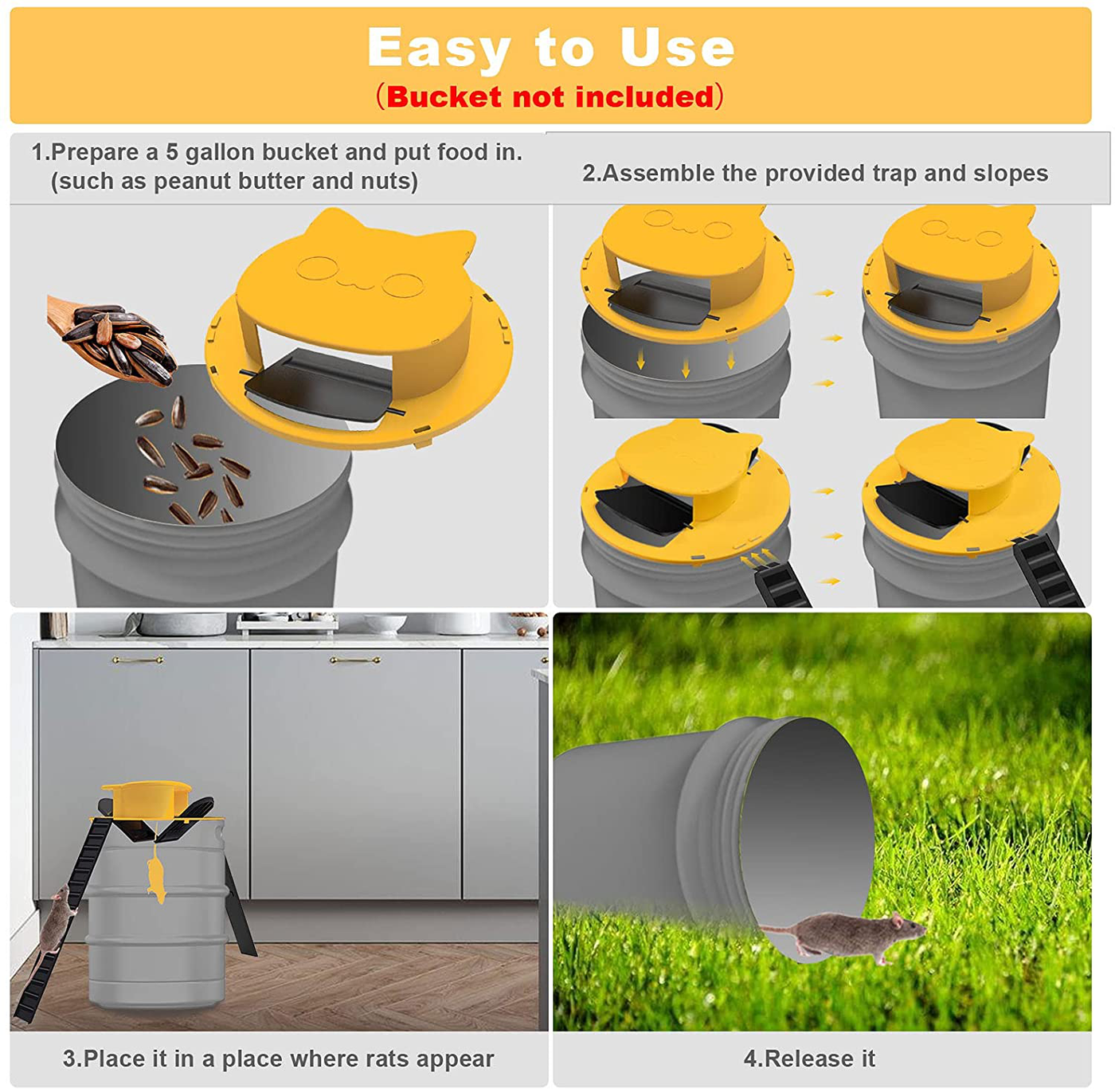 Flip N-Slide Bucket Lid Mouse / Rat Trap Slope Mouse Slide Trap Automatically Resets Humane Trap Door Style, Compatible with 5 Gallon Bucket, Cat Style Multi Catch Mice Control Traps