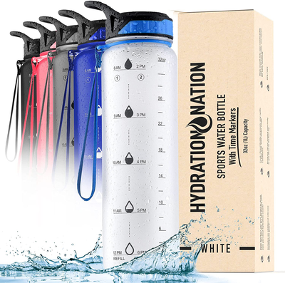 Hydration Nation (32oz) Water Bottle With Time Marker - Leak Proof Water Bottles With Times To Drink For Fitness & Sports - 32oz Water Bottle With Straw For Drinking - Water Tracker Bottles (White)