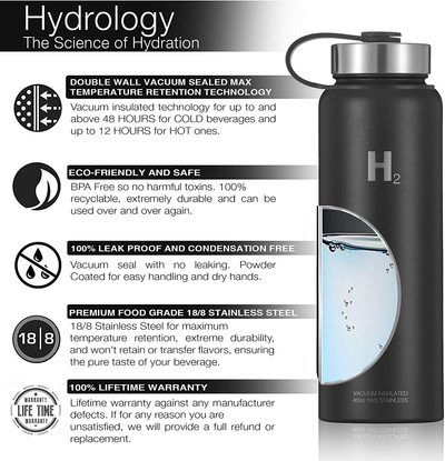 H2 Hydrology Water Bottle - 18 oz, 22 oz, 32 oz, 40 oz, or 64 oz with 3 LIDS Double Wall Vacuum Insulated Stainless Steel Wide Mouth Sports Hot & Cold Thermos