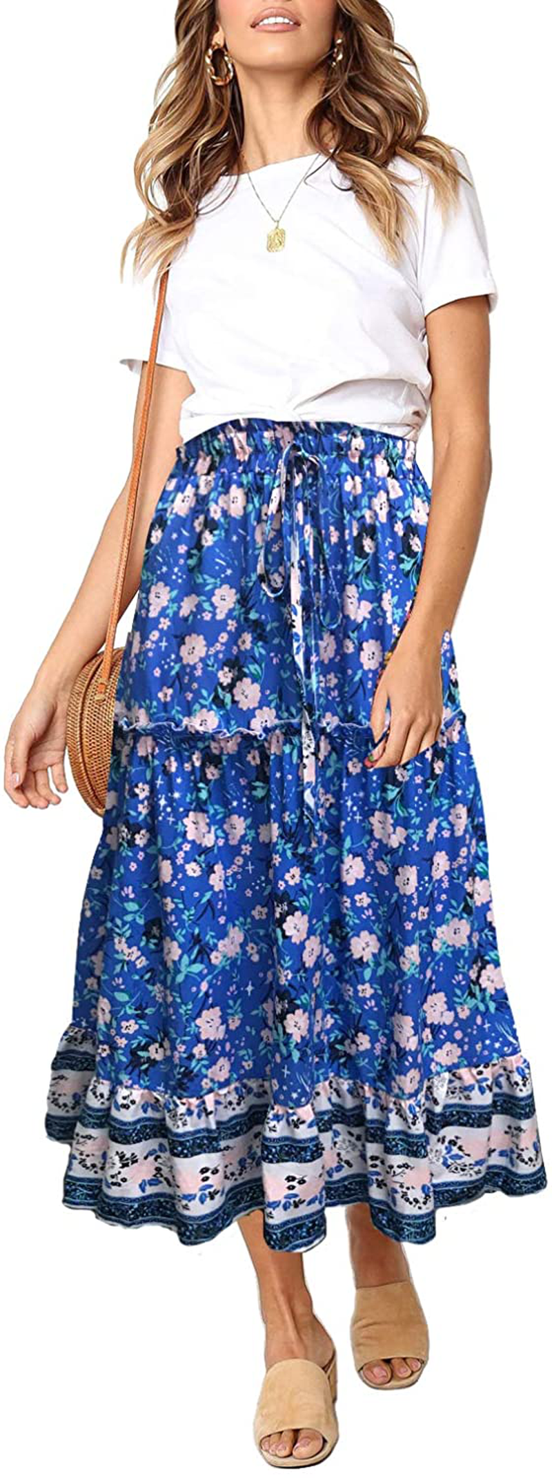 MEROKEETY Women's Boho Floral Print Elastic High Waist Pleated A Line Midi Skirt