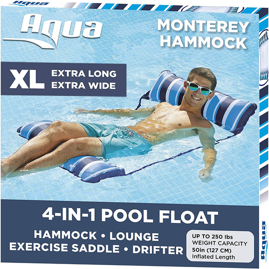 Aqua LEISURE 4-in-1 Monterey Hammock XL (Longer/Wider) Inflatable Pool Chair, Adult Pool Float (Saddle, Lounge Chair, Hammock, Drifter), Water Hammock, Navy/White Stripe (AZL18905BL)