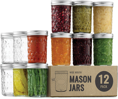 Regular-Mouth Glass Mason Jars, 8-Ounce (12- Pack) Glass Canning Jars with Silver Metal Airtight Lids and Bands with Chalkboard Labels, for Canning, Preserving, Meal Prep, Overnight Oats, Jam, Jelly,