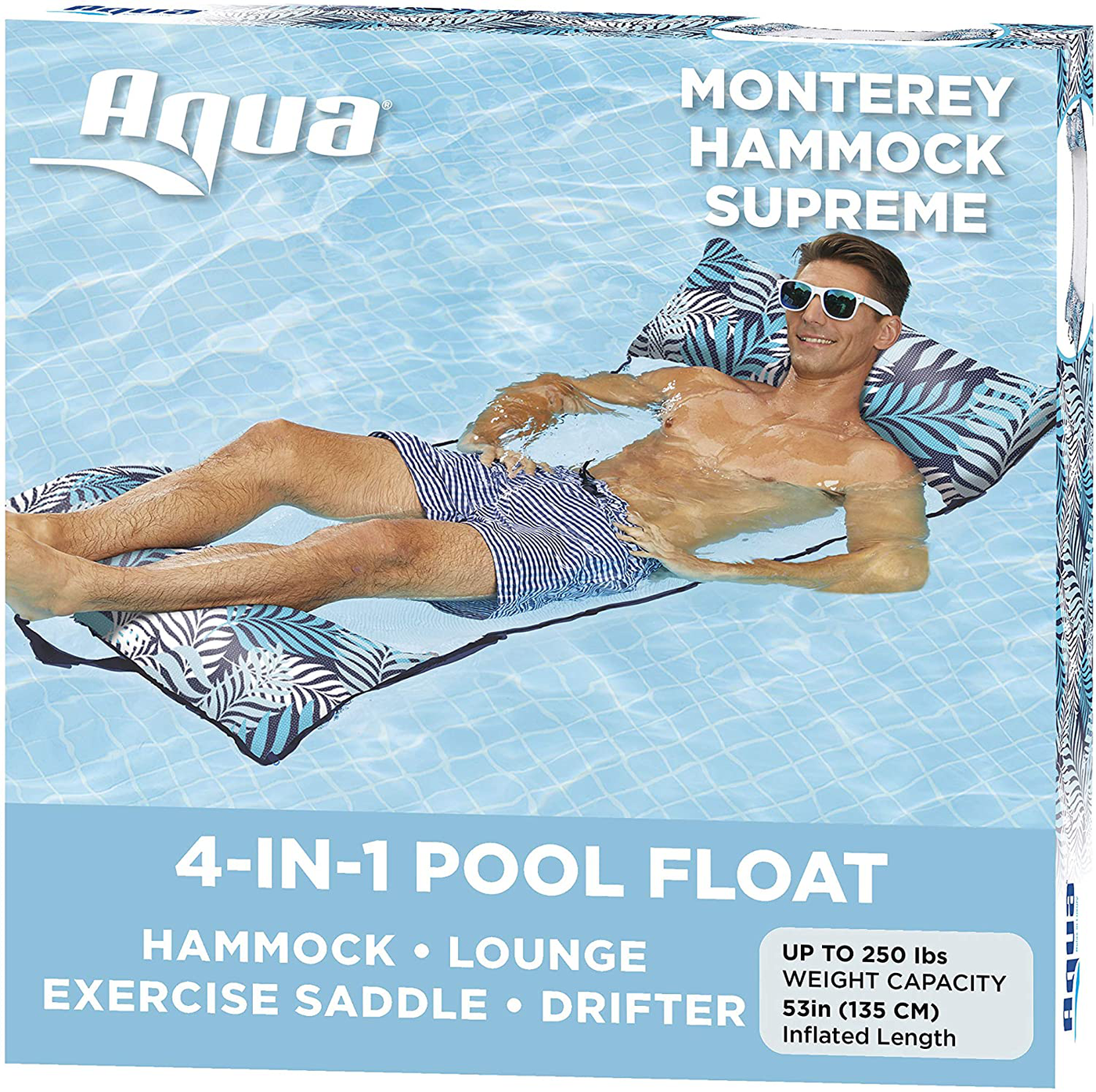 Aqua LEISURE Supreme Soft Resort Quality Monterey Hammock, 4-in-1 Multi-Purpose Inflatable Pool Float (Saddle, Lounge Chair, Hammock, Drifter), Soft AirMesh Fabric, Blue Fern (AZL18904Z)