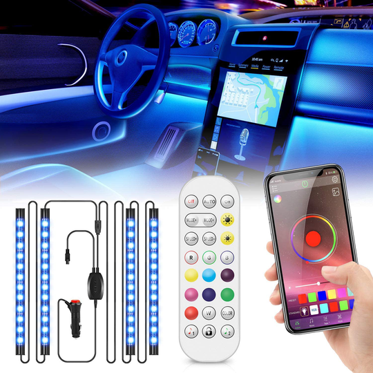 Car Interior Lights 4pcs 36 LED Car Floor Atmosphere Glow Neon lights Multi-Color Music Car LED Strip Lights Decorative Underdash Lighting Kit with Sound Active function Wireless Remote Control DC 12V