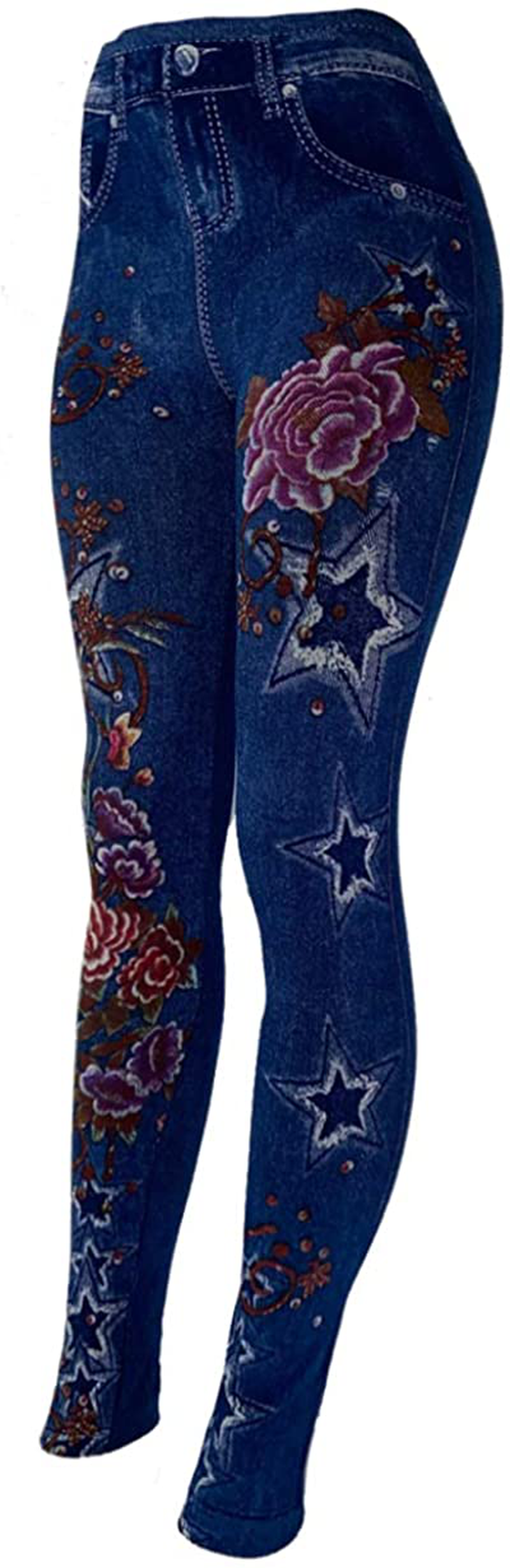 CLOYA Women's Denim Print Seamless Full Leggings for All Seasons - One Size Fits Large & X-Large