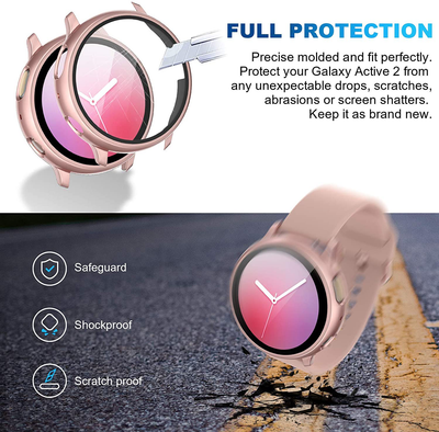 2 Pack Tempered Glass Screen Protector Cover Compatible with Samsung Galaxy Watch Active 2 44mm 40mm, Bumper Full Around Cover for Samsung Galaxy Watch Active2 44 40 