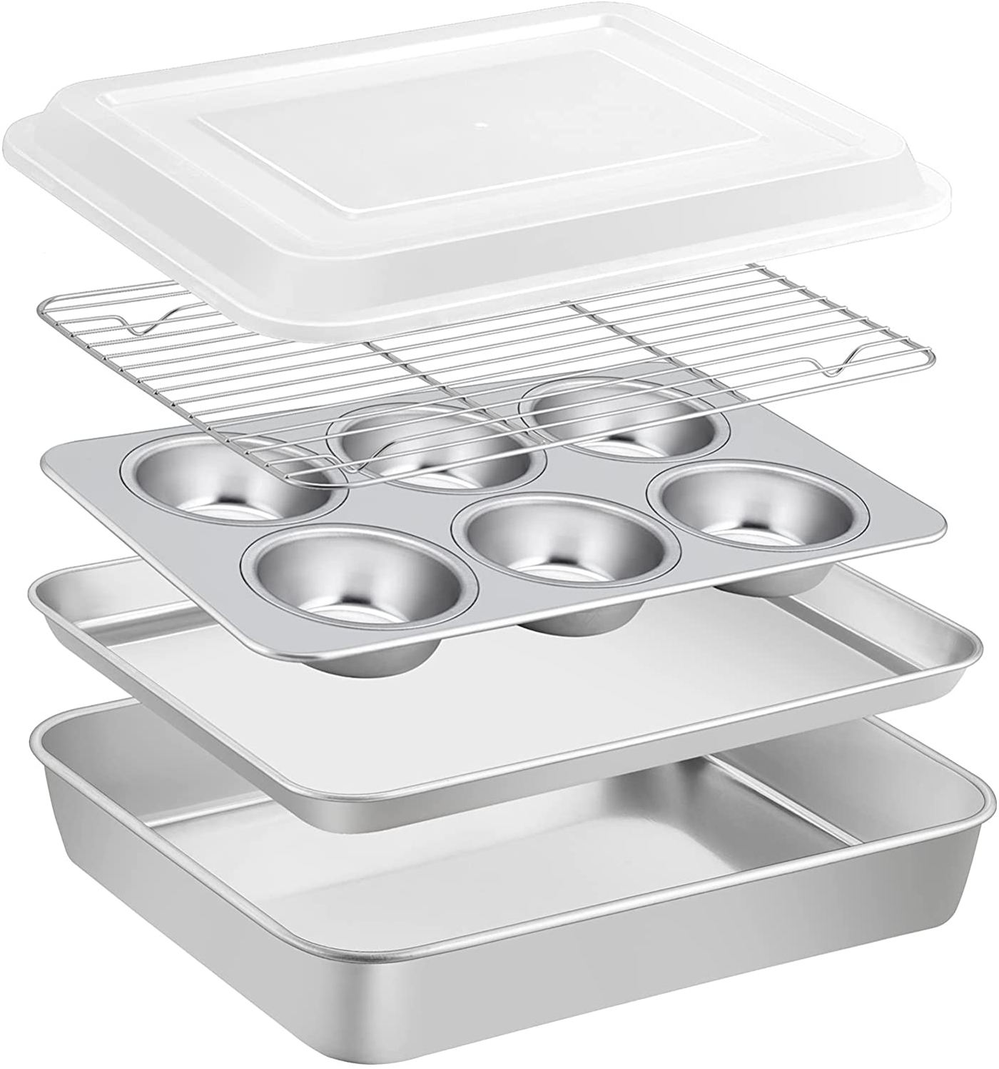 Stainless Steel Bakeware Set of 5 or 8, Baking Roasting Toaster Oven Pans, Lasagna/Square/Round Cake Pan, Loaf Pan & Muffin Pan, Non-Toxic & Durable
