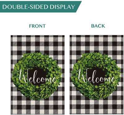 AVOIN Fall Boxwood Wreath Welcome Garden Flag Vertical Double Sided, Buffalo Check Plaid Rustic Farmhouse Flag Yard Outdoor Decoration 12.5 x 18 Inch