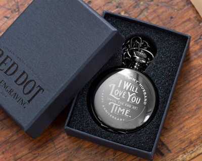 Engraved Wedding Anniversary Pocket Watch with Chain for Husband, a Classy Gift Set for Him with Elegant Gift Box, 1 Year Anniversary Gift Clock
