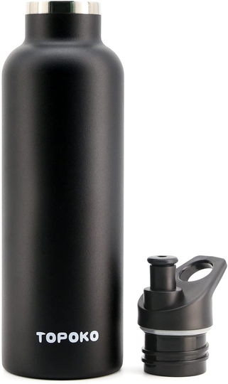 TOPOKO 25 OZ Hydro Double Wall Flask Stainless Steel Water Bottle, Bite Valve Top, Vacuum Insulated, Sweat Proof, Leak Proof Sports Thermos. Standard Mouth 25oz, BPA-Free, Keep Cold 24 Hours (Black)