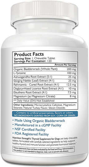 Nutrition Strength Thyroid Supplement for Dogs, Support for Hypothyroidism in Dogs with Organic Bladderwrack, Promotes Normal Function of Endocrine and Enzyme Systems, 120 Chewable Tablets