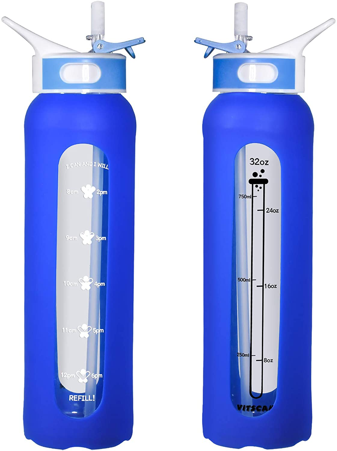 Glass Water Bottle with 32 OZ Straw & Wide Mouth & Black Silicone Sleeve, Large 1L Glass Water Bottle with Time Marker, 100% Leakproof Straw Lid BPA Free Borosilicate Glass