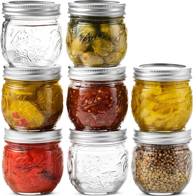 Ball Regular Mouth Mason Jar 8 oz, [Set of 16] Canning Jars, With Airtight Lids & Bands - Toxin-Free - For Canning, Fermenting, Pickling - Beverages, Storage & Decor - Bundled With SEWANTA Jar Opener.