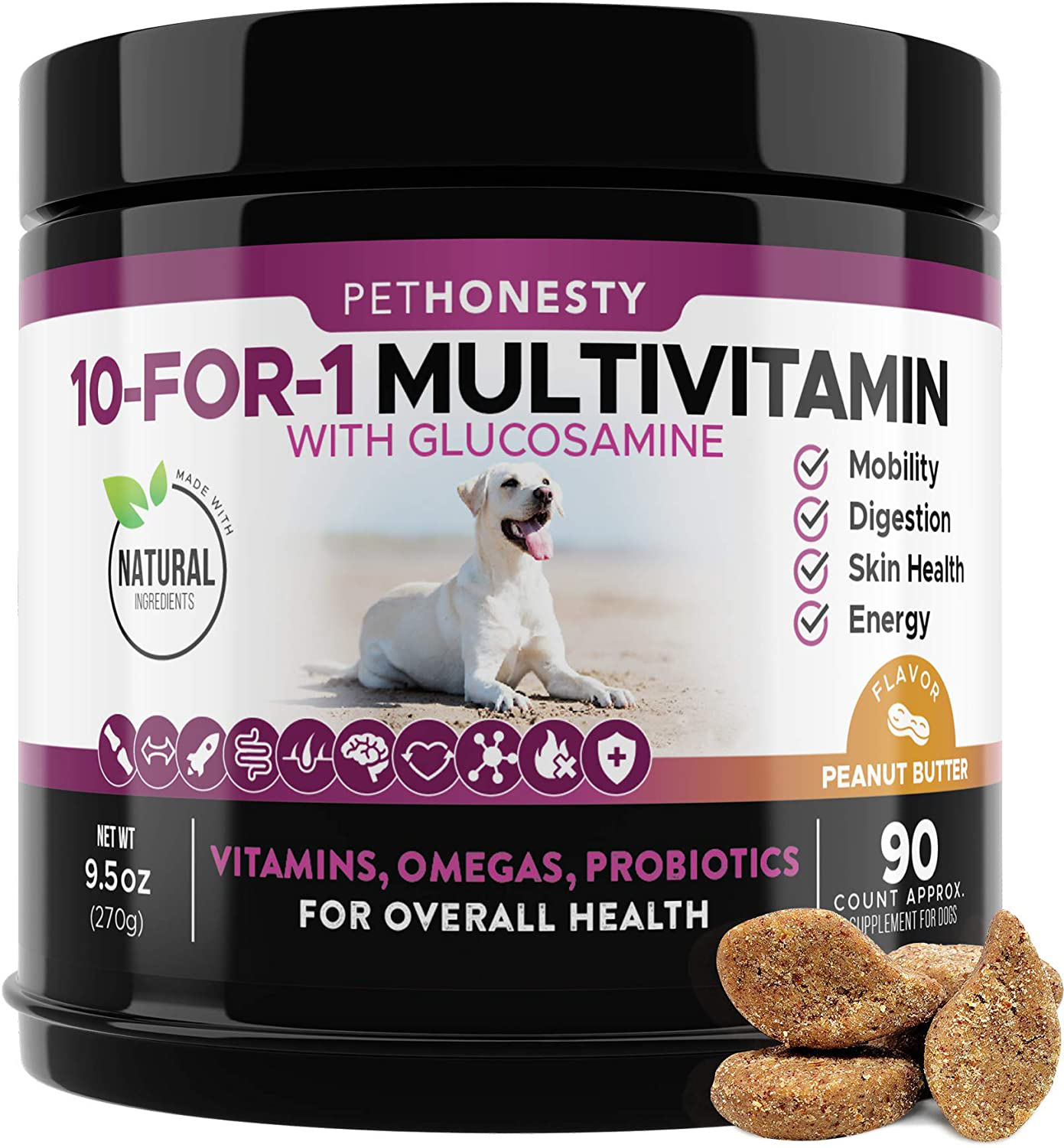 PetHonesty 10 in 1 Dog Multivitamin with Glucosamine - Essential Dog Vitamins with Glucosamine Chondroitin, Probiotics and Omega Fish Oil for Dogs Overall Health - Vitamins for Joint Supplement Heart