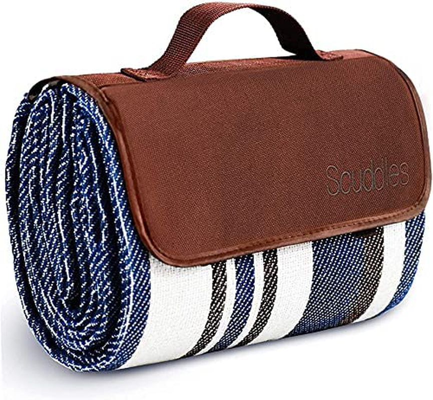 Extra Large Picnic Blanket Dual Layers for Outdoor Water-Resistant Handy Mat Tote Spring Summer Blue and White Striped for The Beach, Camping on Grass