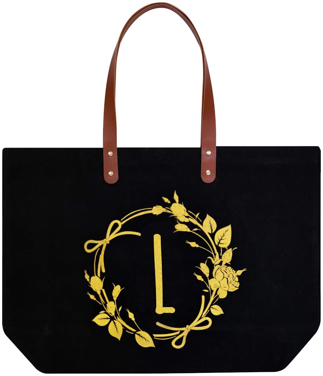 ElegantPark Monogrammed Gifts for Women Personalized Tote Bags Monogram A Initial Bag Totes for Wedding Bride Bridesmaid Gifts Birthday Gifts Teacher Gifts Bag with Pocket Black Canvas