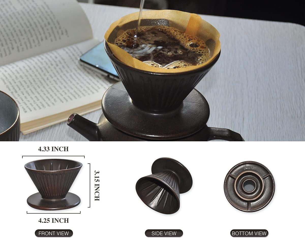 Globe Faith Eco-friendly Ceramic Clever Pour Over Coffee Dripper, Retro Cone Coffee Maker Drip Percolator, Portable Mini Manual Coffee Brewer, 1-2Cups (Antique Copper Brown)