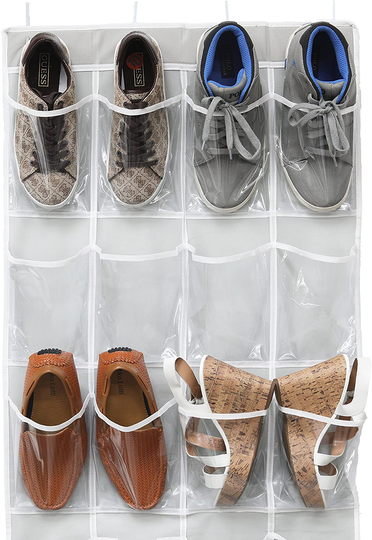 Simple Houseware 24 Pockets Large Clear Pockets Over The Door Hanging Shoe Organizer, Gray (56" x 22.5")