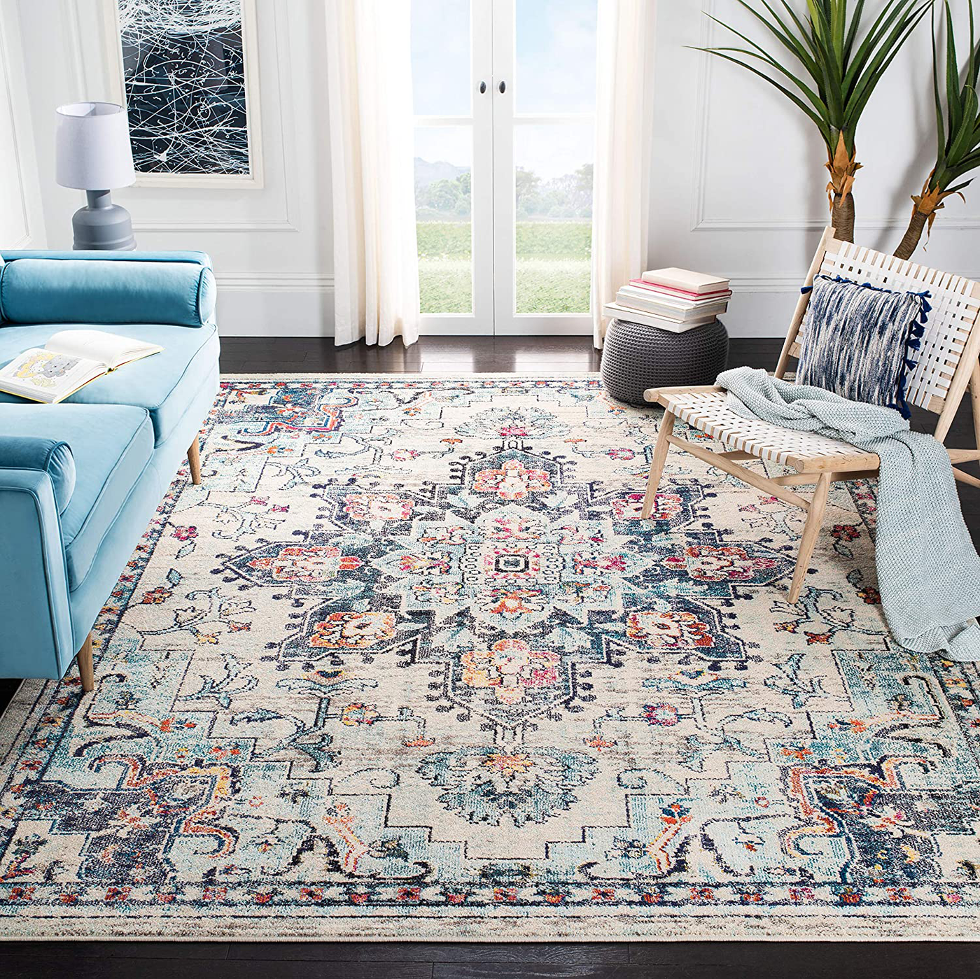 Safavieh Madison Collection MAD473B Boho Chic Medallion Distressed Non-Shedding Stain Resistant Living Room Bedroom Runner, 2'2" x 10' , Cream / Blue