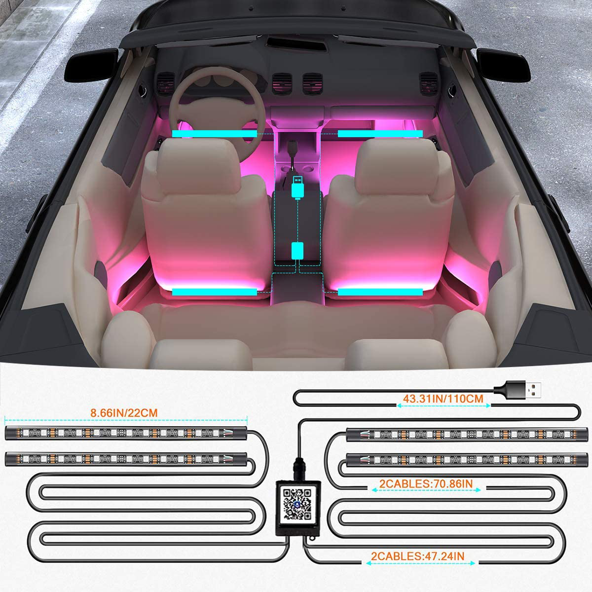 LED Interior Car Lights, App Controlled Car Interior Lights with USB Port, Multicolor Car LED Lights Interior as Ambient Lights, Music Sync Interior LED Lights for Cars with Sound Active Function