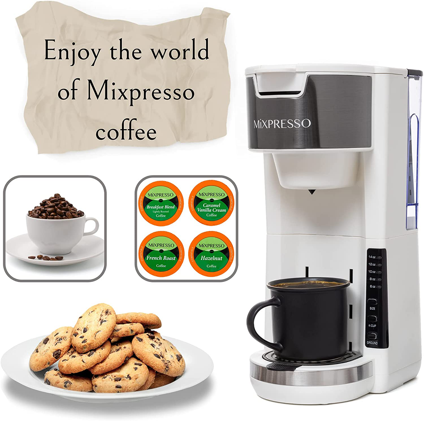 Mixpresso Single Serve 2 in 1 Coffee Brewer K-Cup Pods Compatible & Ground Coffee,Compact Coffee Maker Single Serve With 30 oz Detachable Reservoir, 5 Brew Size and Adjustable Drip Tray