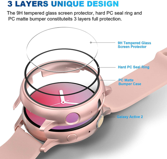 2 Pack Tempered Glass Screen Protector Cover Compatible with Samsung Galaxy Watch Active 2 44mm 40mm, Bumper Full Around Cover for Samsung Galaxy Watch Active2 44 40 