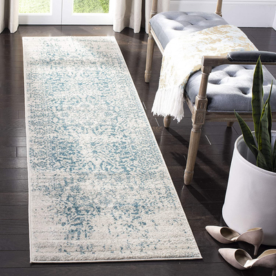 Safavieh Madison Collection MAD603J Oriental Snowflake Medallion Distressed Non-Shedding Stain Resistant Living Room Bedroom Runner, 2'3" x 16' , Teal / Ivory