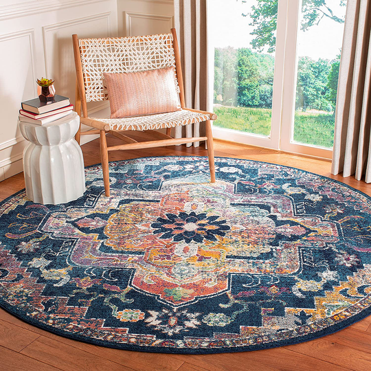 Safavieh Crystal Collection CRS501H Boho Chic Oriental Medallion Distressed Non-Shedding Stain Resistant Living Room Bedroom Area Rug, 4' x 4' Round, Navy / Fuchsia