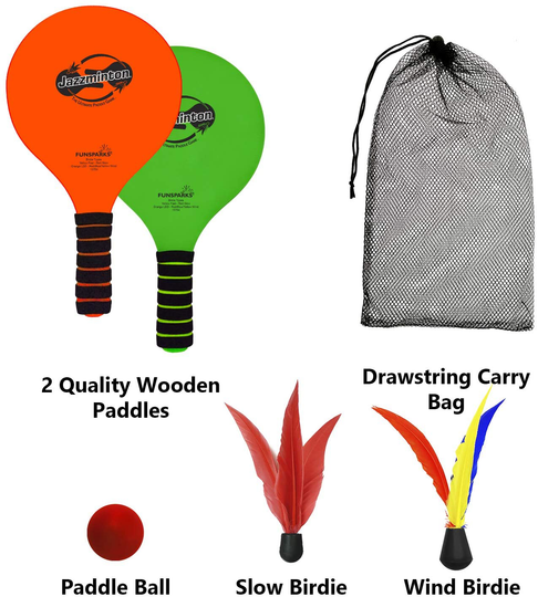 Funsparks Paddle Ball Game Jazzminton Beach for Family and Friends – 2 Paddles, 2 Birdies, 1 Ball and Carry Bag – Wind Birdie Included for Windy Days – Racquet Game for All Ages