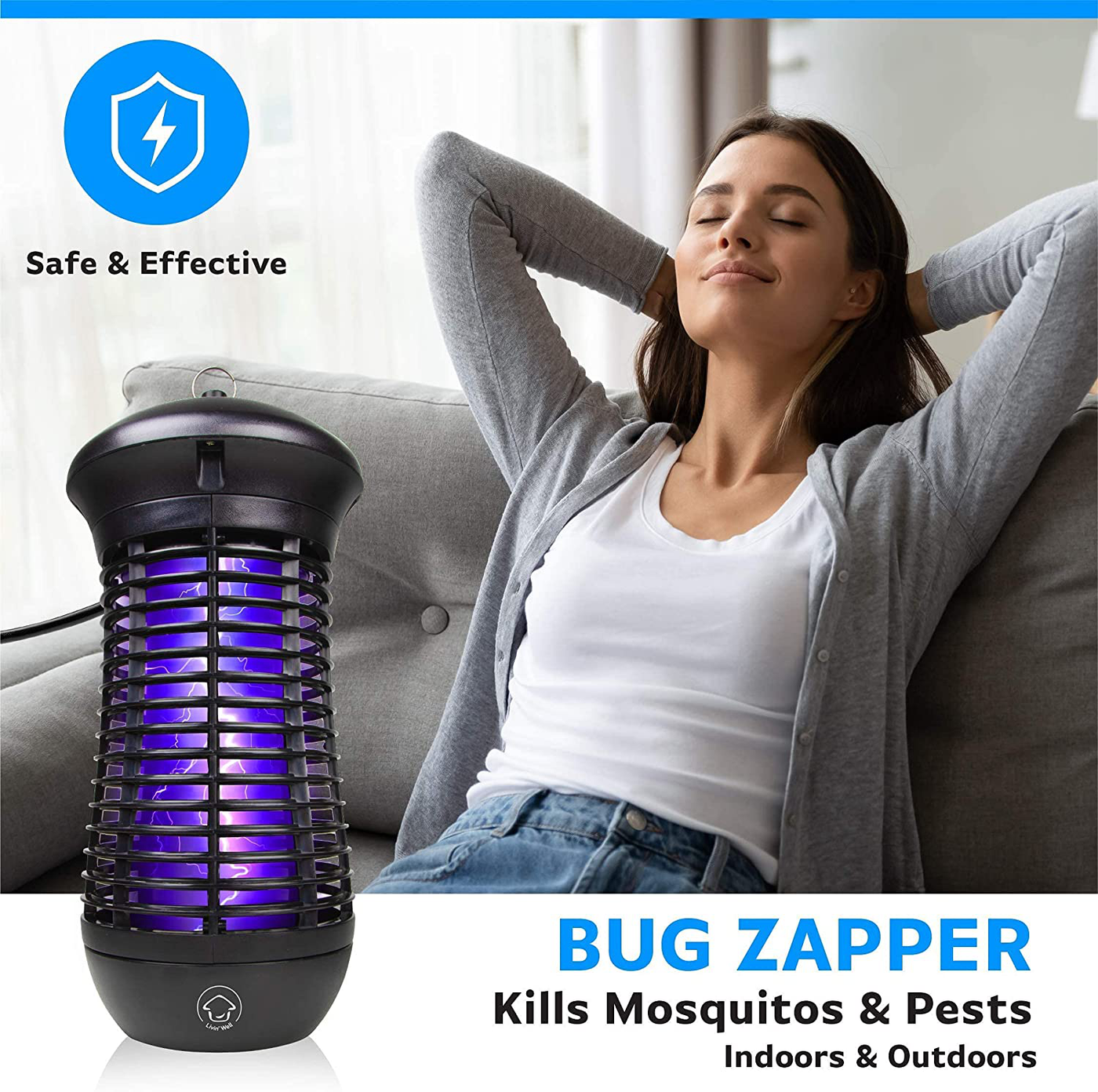 Livin’ Well Bug Zapper - 4000V High Powered Electric Mosquito Zapper, Fly, Mosquito Trap with 1,500 Sq. Feet Range and 18W UVA Mosquito Killer Bulb