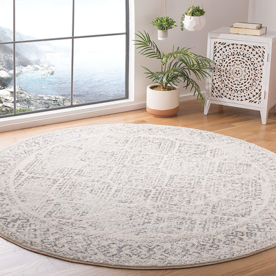 Safavieh Tulum Collection TUL264A Moroccan Boho Distressed Non-Shedding Stain Resistant Living Room Bedroom Area Rug, 3' x 3' Round, Ivory / Grey