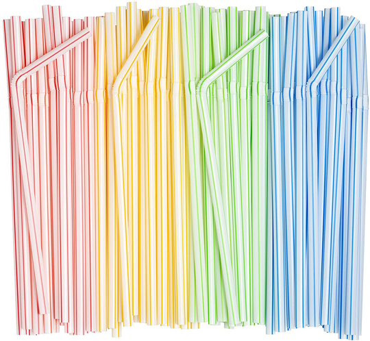 [400 Pack] Flexible Disposable Plastic Drinking Straws - 7.75" High - Assorted Colors Striped