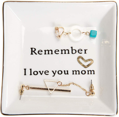 HOME SMILE Birthday Gifts for Mom,Mom Gift-Ceramic Ring Dish Decorative Trinket Plate -Remember I Love You Mom-Mother's Day Christmas Gifts for Mom