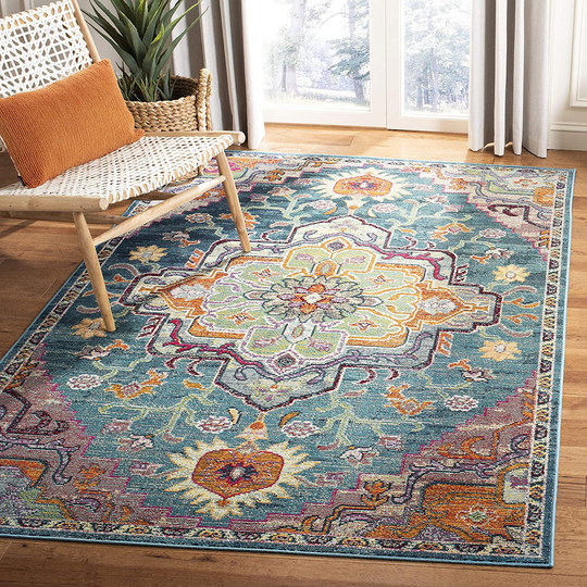 Safavieh Crystal Collection CRS501T Boho Chic Oriental Medallion Distressed Non-Shedding Stain Resistant Living Room Bedroom Area Rug, 3' x 5', Teal / Rose