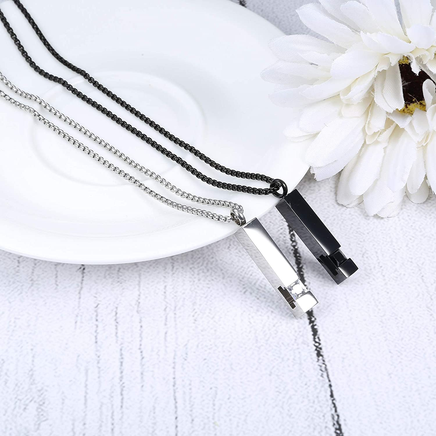 Set of 2 Memorial Black Stainless Steel with CZ Necklace for Ashes