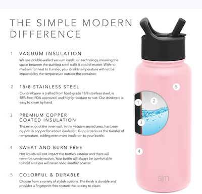 Simple Modern Insulated Water Bottle with Straw Lid 1 Liter Reusable Wide Mouth Stainless Steel Flask Thermos, 32oz, Blush