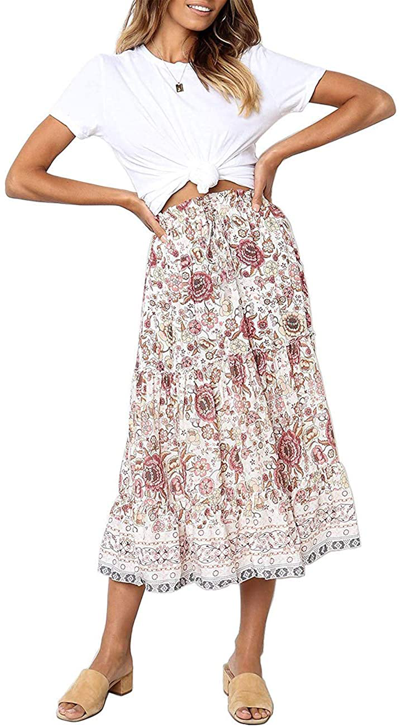 MEROKEETY Women's Boho Floral Print Elastic High Waist Pleated A Line Midi Skirt