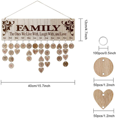 Joy-Leo Gifts for Mom Grandma, Wooden Family Birthday Calendar Board DIY with 100 Wood Tags, Decorative Birthdays Tracker Plaque Wall Hanging, for Christmas Mothers Day from Daughter Unique Model JL01