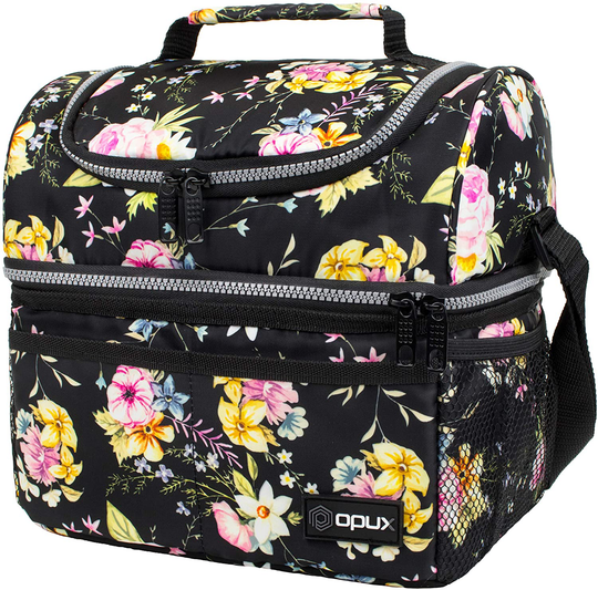 Insulated Dual Compartment Lunch Bag for Women, Ladies | Double Deck Reusable Lunch Box Cooler with Shoulder Strap, Leakproof Liner | Medium Lunch Pail for School, Work, Office (Floral Black)